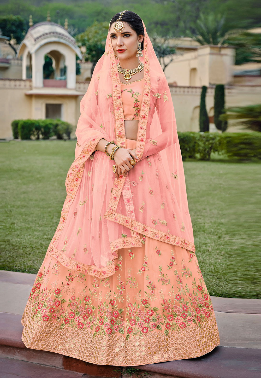 Peach Net Circular Lehenga Choli