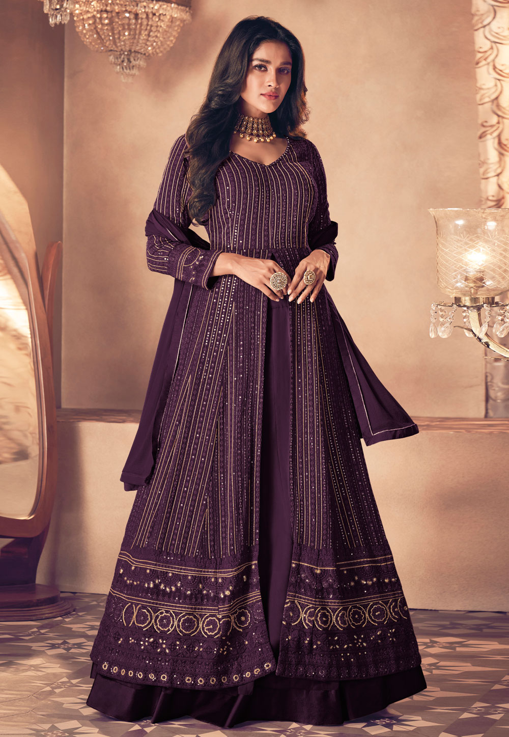 Purple Georgette Indo Western Lehenga Choli