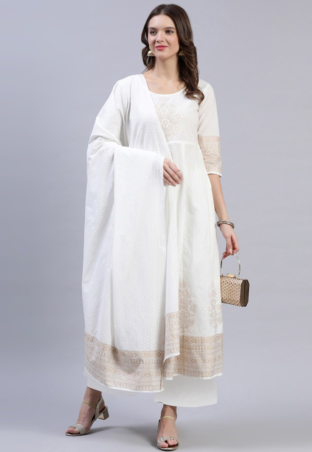 Off White Cotton Readymade Kameez With Palazzo