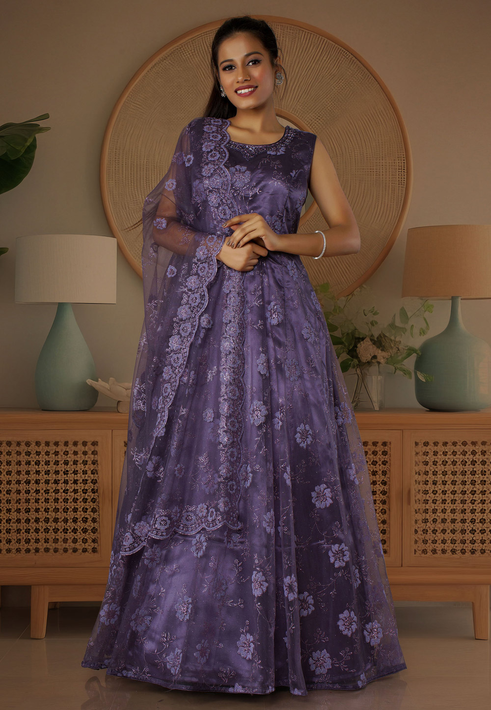 Purple Net Long Anarkali Suit