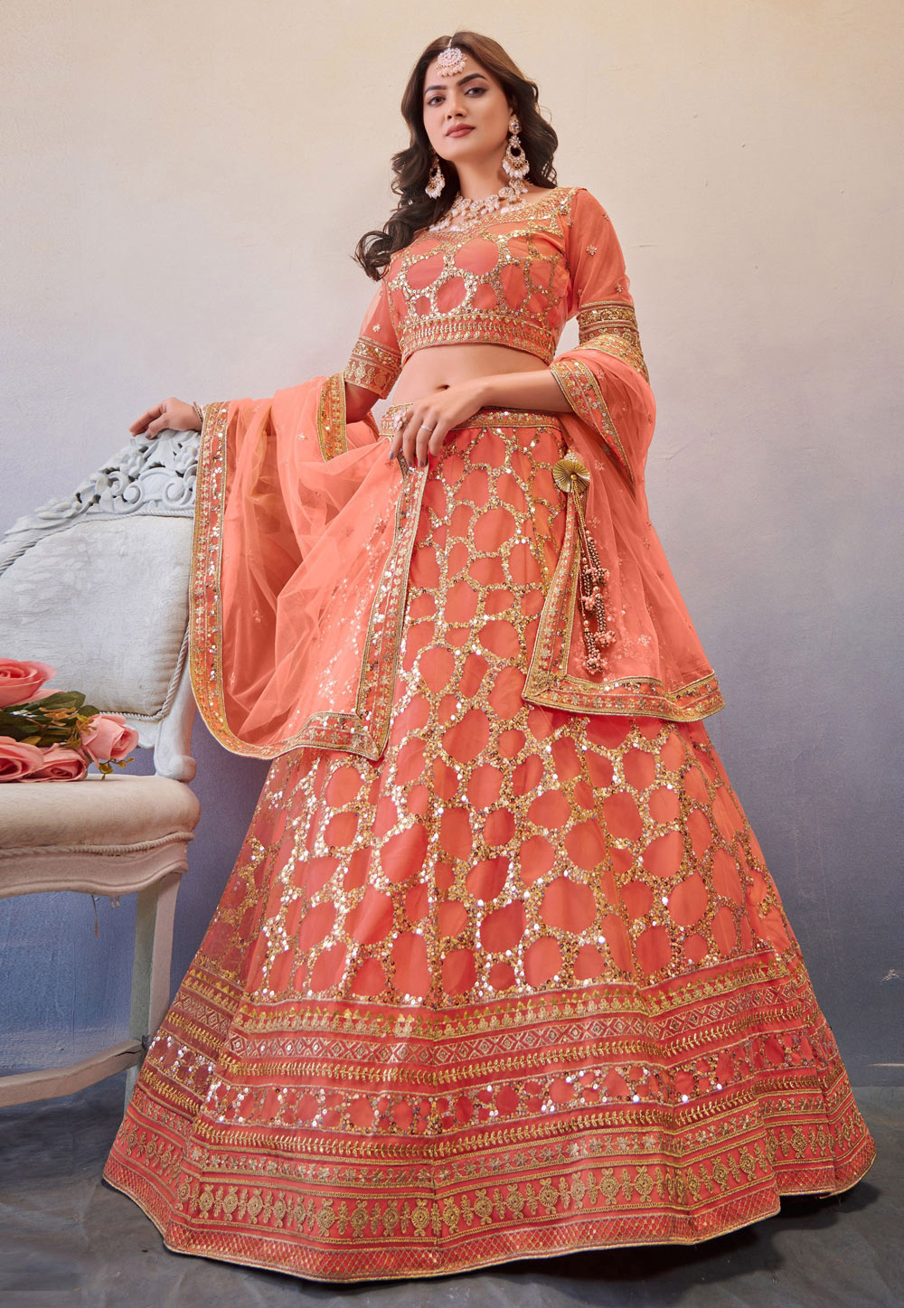 Peach Net Circular Lehenga Choli For Wedding 275707