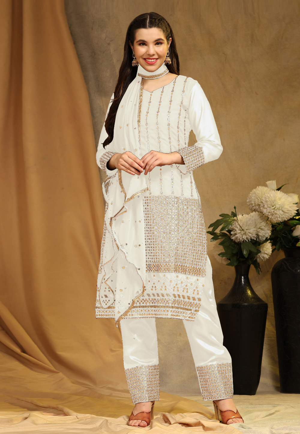 Off White Faux Georgette Pant Style Suit 276167