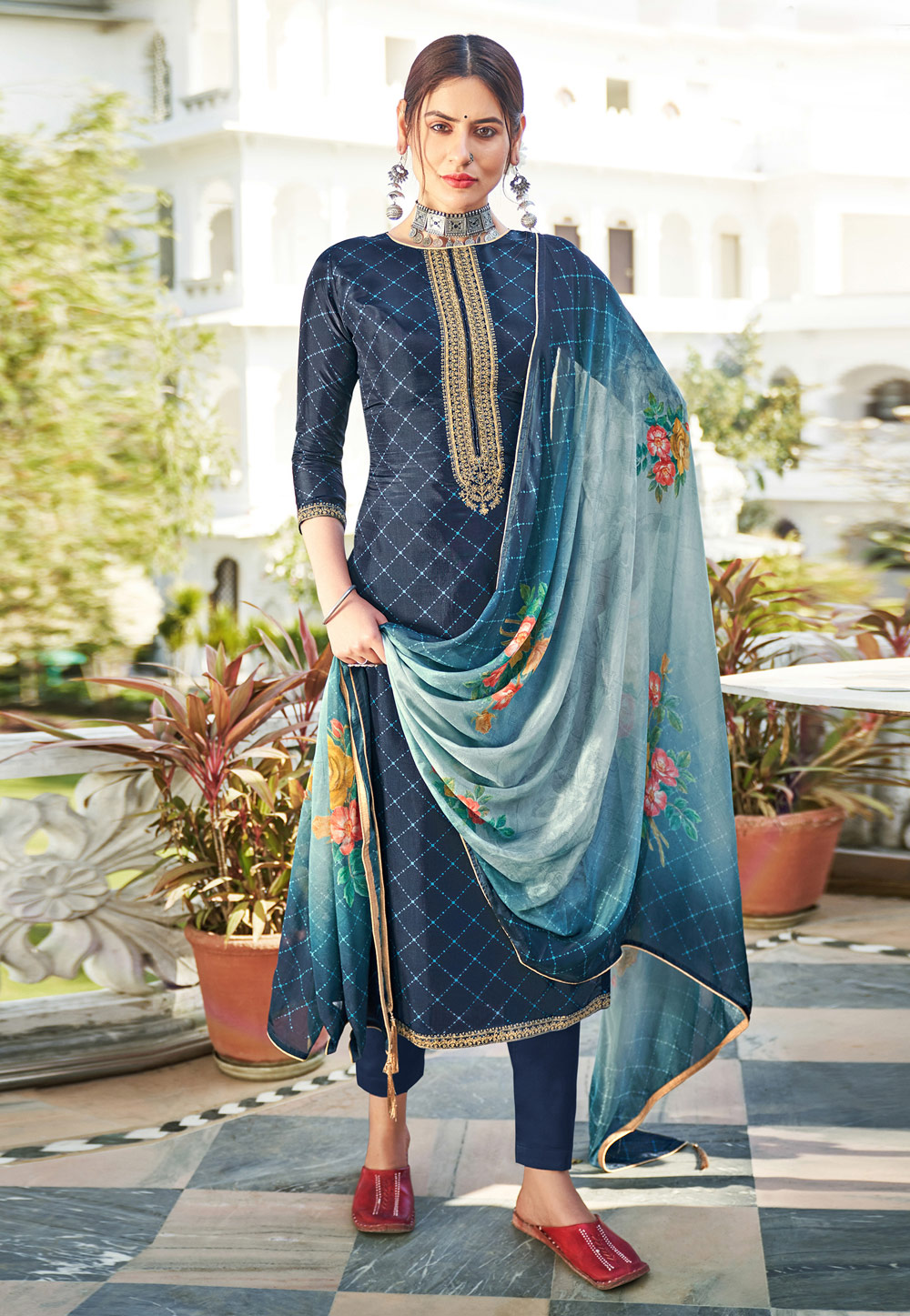 Navy Blue Upada Silk Kameez With Pant 235965