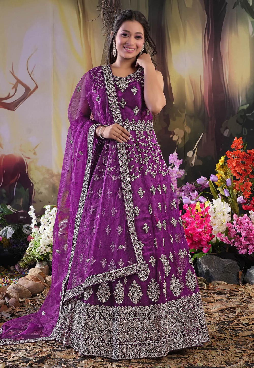 Purple Net Readymade Long Anarkali Suit