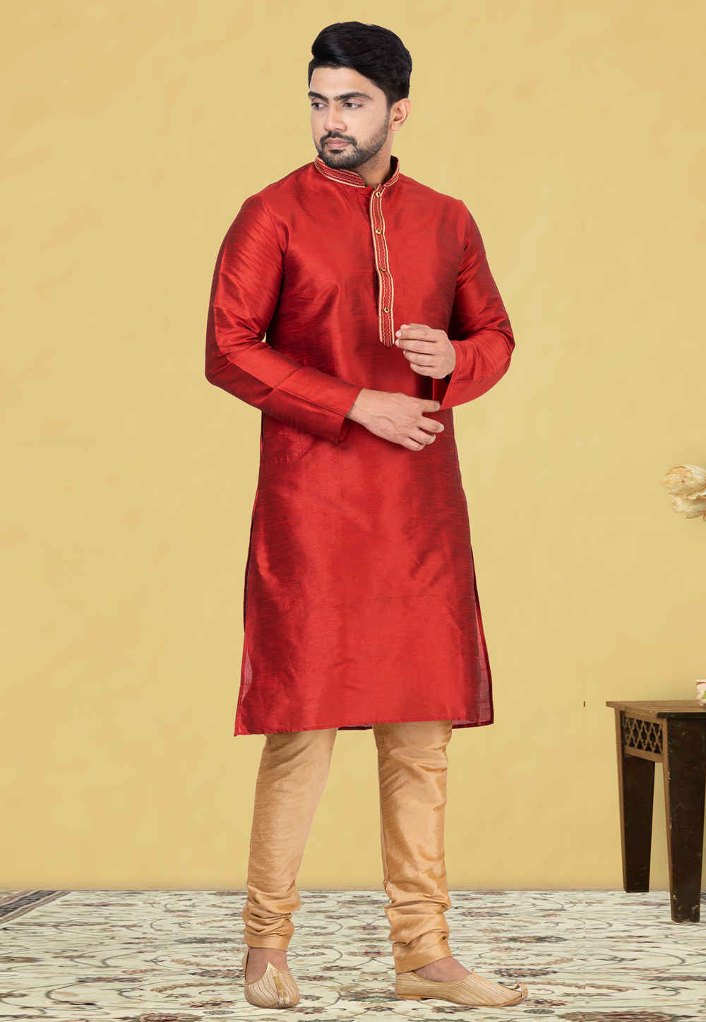 Maroon Dupion Silk Kurta Pajama