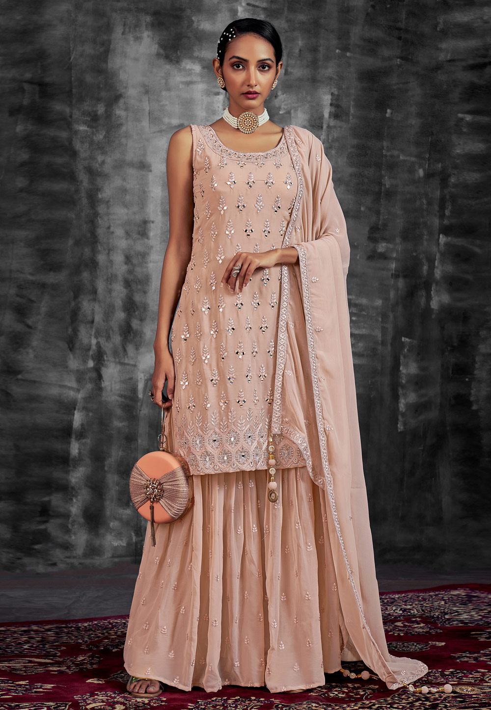 Peach Georgette Readymade Sharara Suit