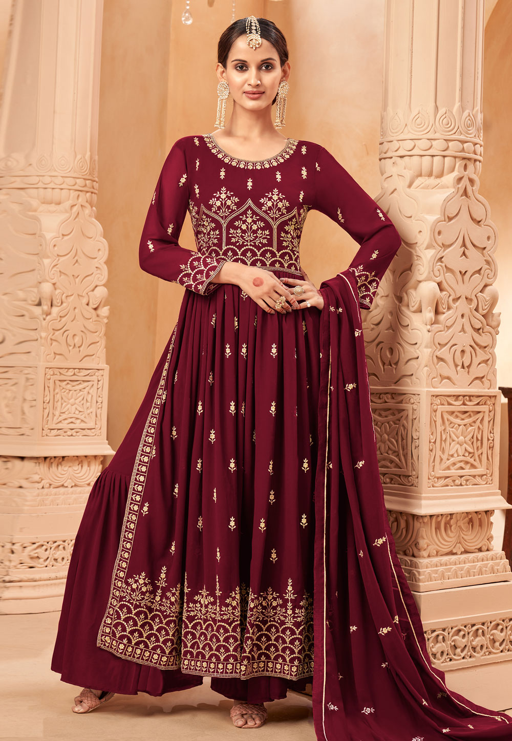 Maroon Faux Georgette Sharara Suit 261126