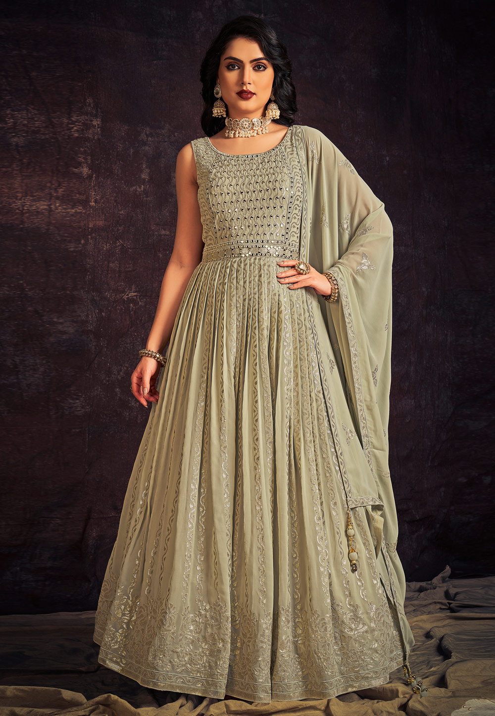 Pista Green Georgette Readymade Long Anarkali Suit 264684