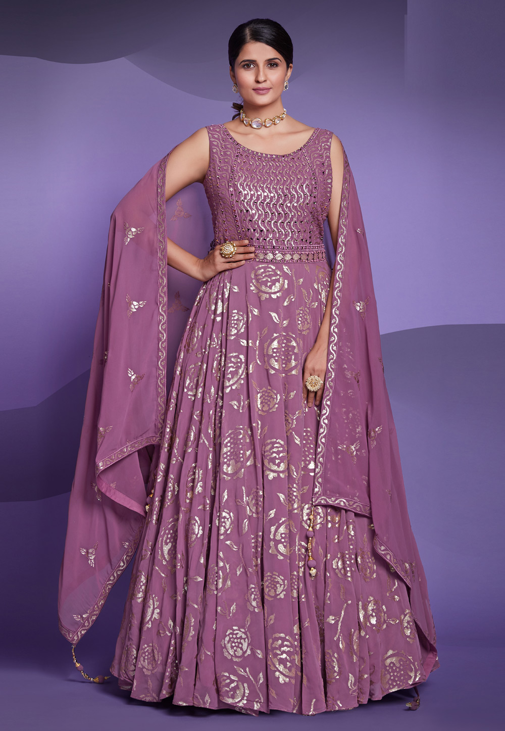 Pink Georgette Readymade Long Anarkali Suit