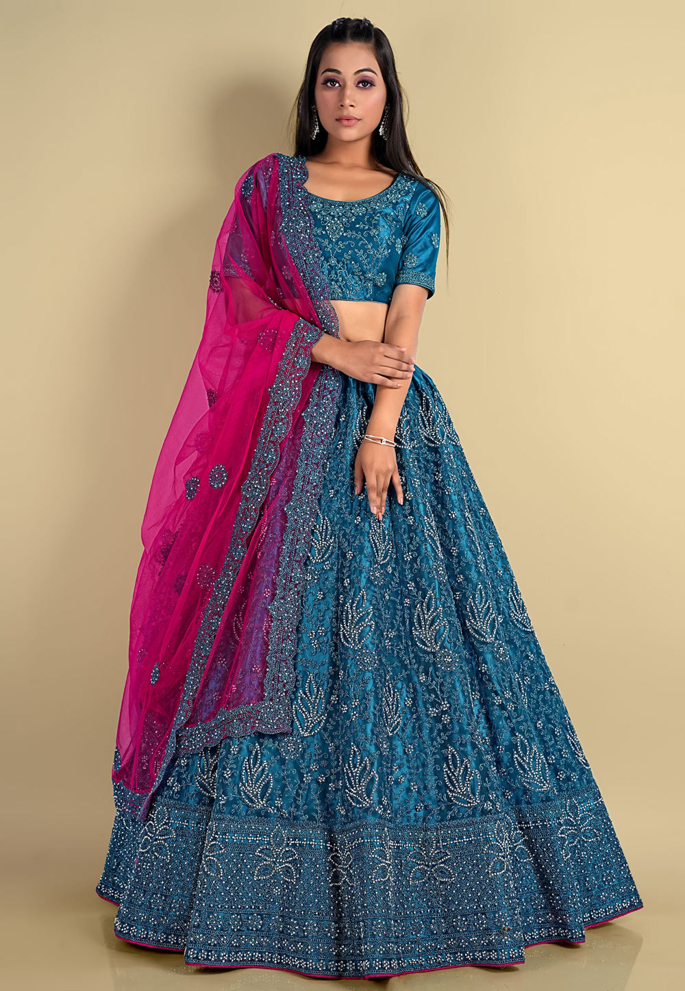 Teal Net Circular Lehenga Choli