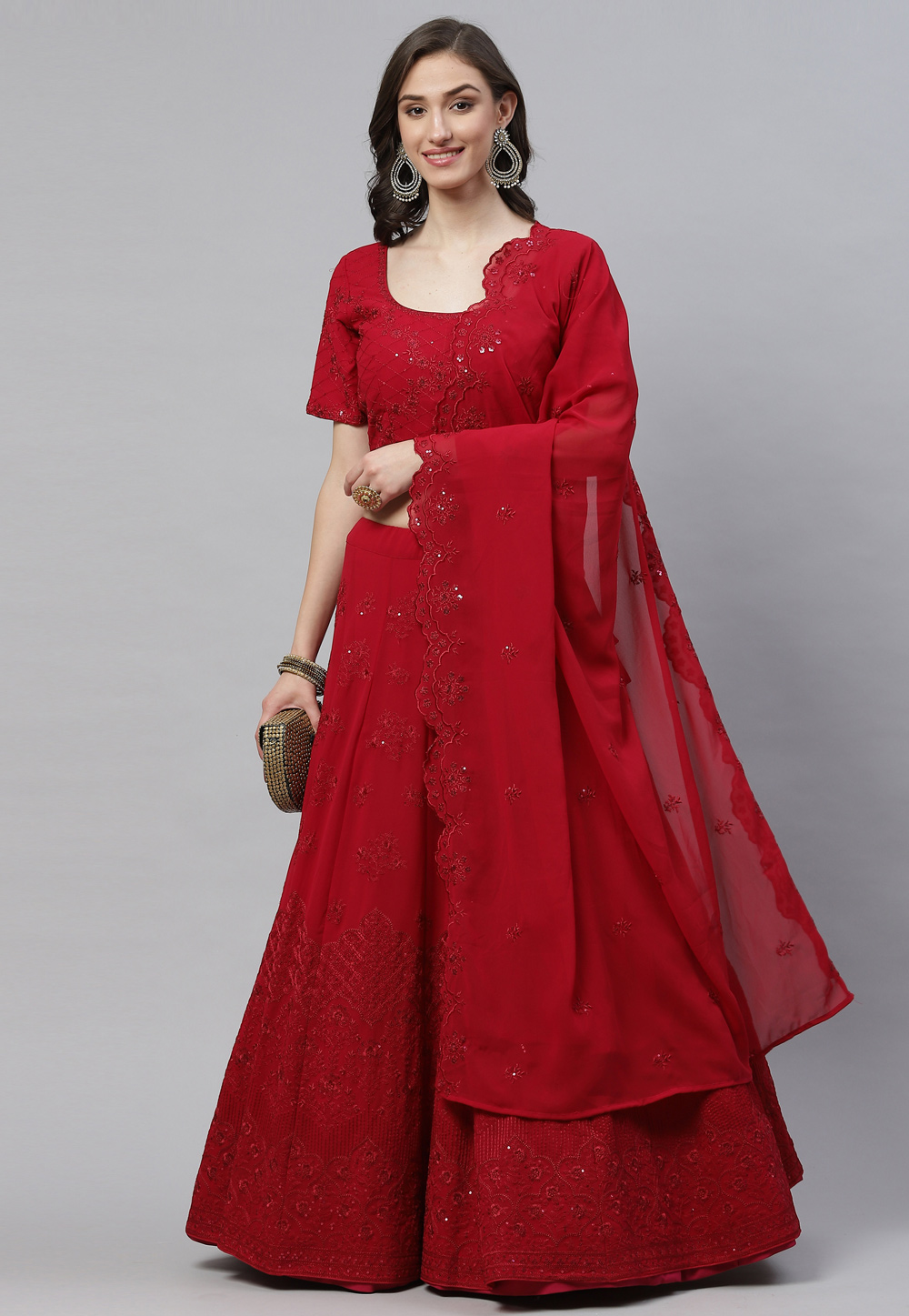 Red Georgette A Line Lehenga Choli