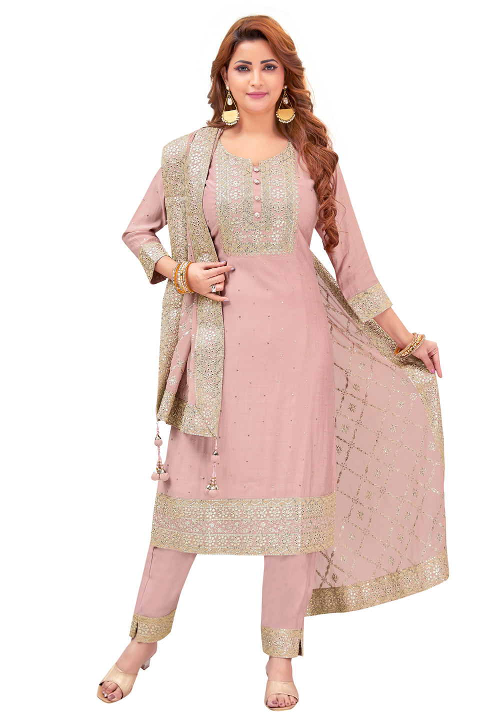 Pink Chanderi Readymade Pant Style Suit