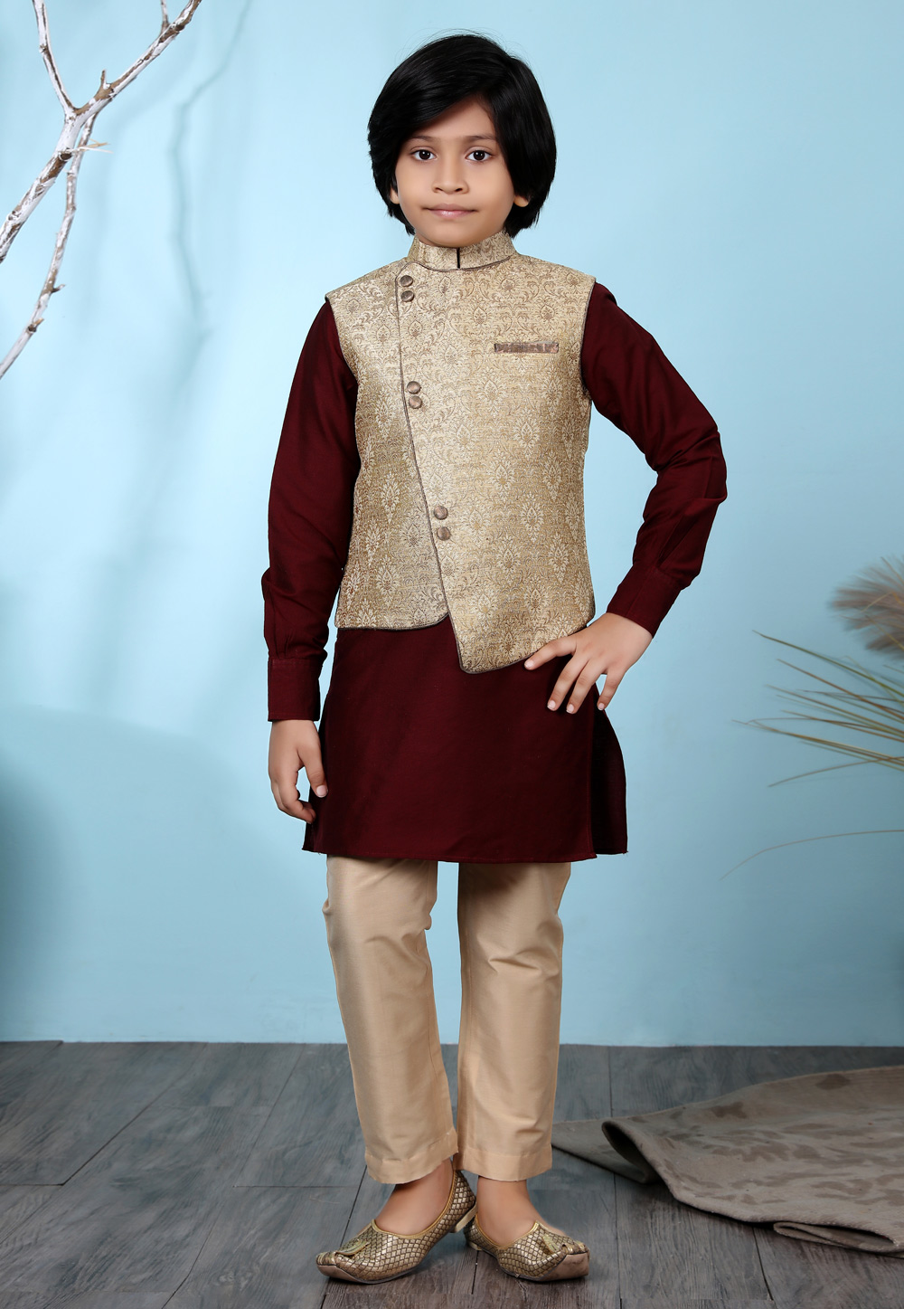 Maroon Cotton Silk Kids Kurta Pajama With Jacket 234445