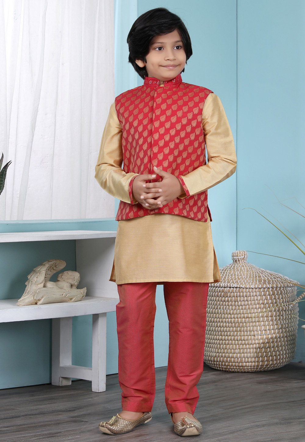 Golden Cotton Silk Kids Kurta Pajama With Jacket 234447