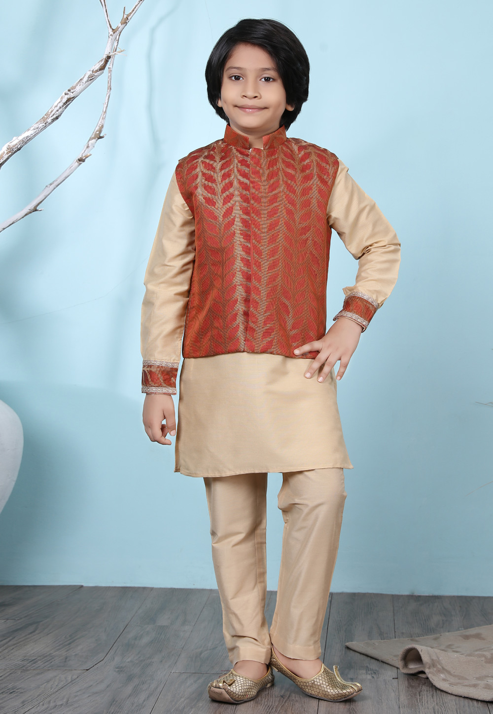 Beige Cotton Silk Kids Kurta Pajama With Jacket 234448