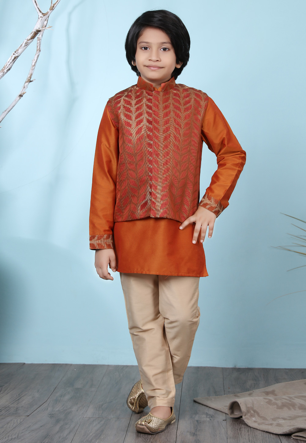 Orange Cotton Silk Kids Kurta Pajama With Jacket 234449