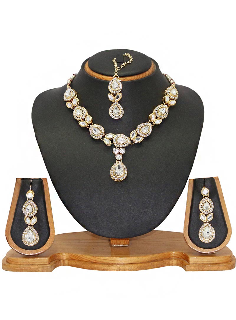 White Alloy Austrian Diamonds Necklace With Earrings and Maang Tikka 66092