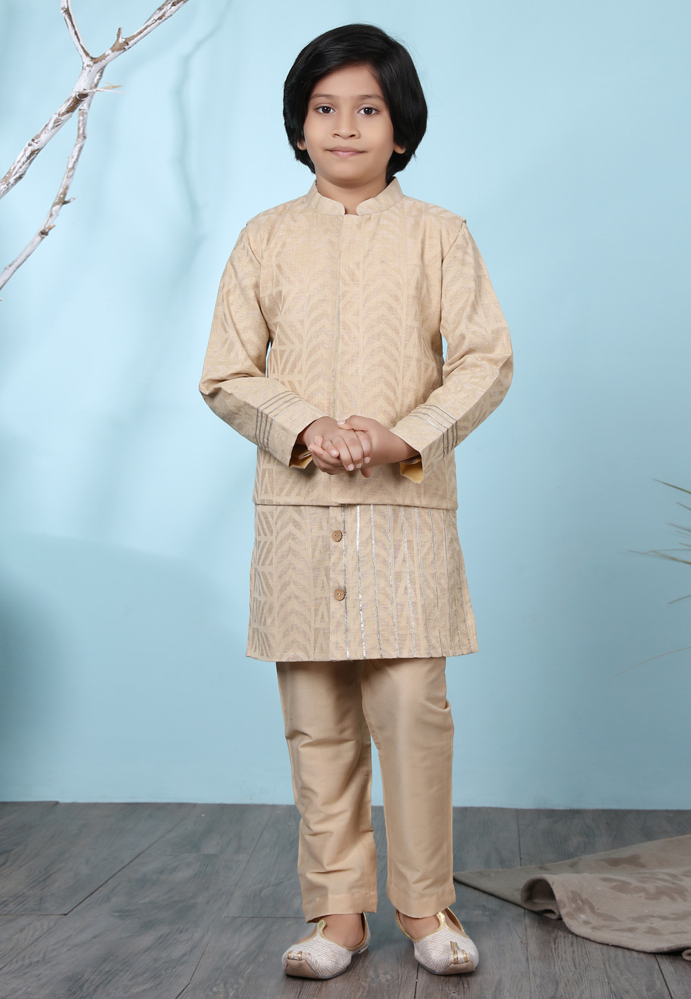 Beige Silk Kids Kurta Pajama With Jacket 234453