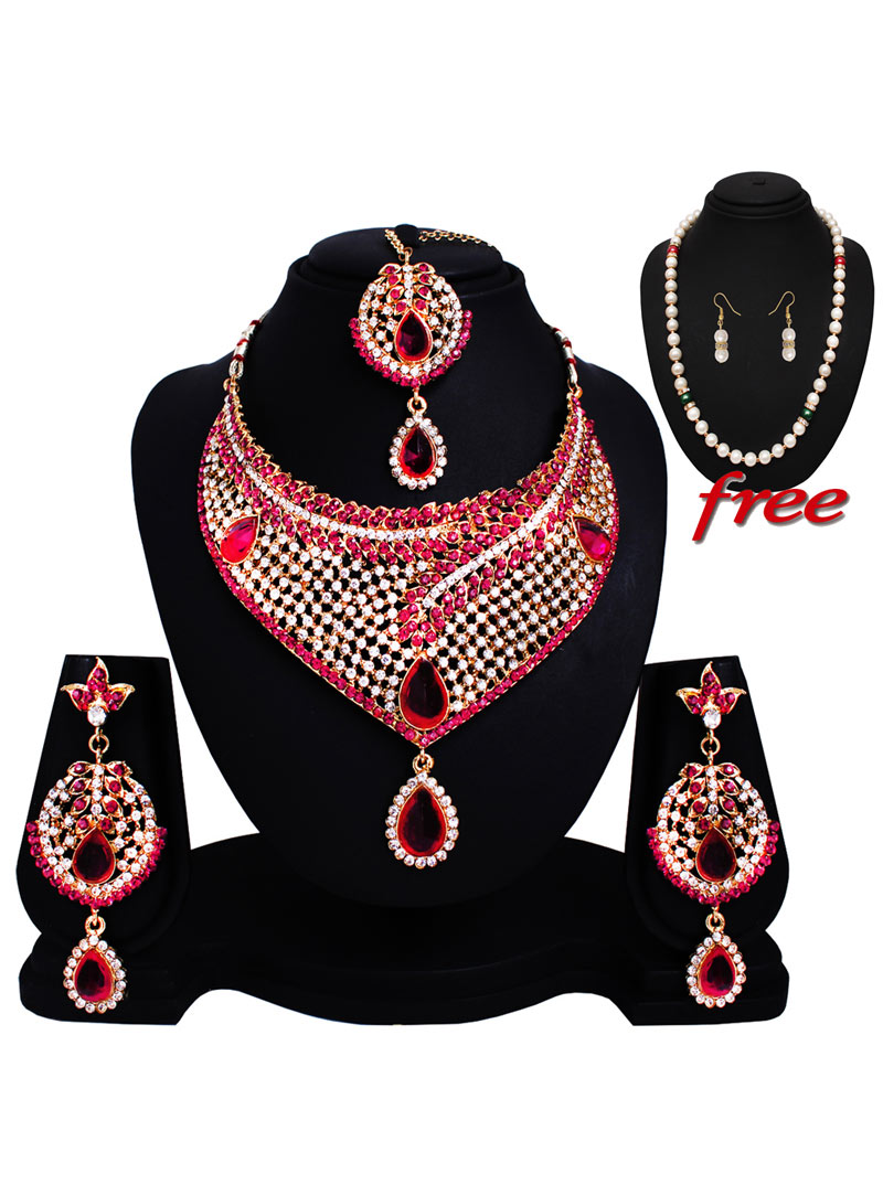 Pink Alloy Austrian Diamonds Heavy Set With Free Pearl Mala 89151