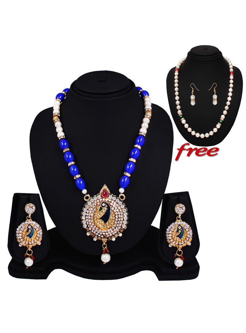 Blue Alloy Austrian Diamonds Light Set With Free Pearl Mala 89153