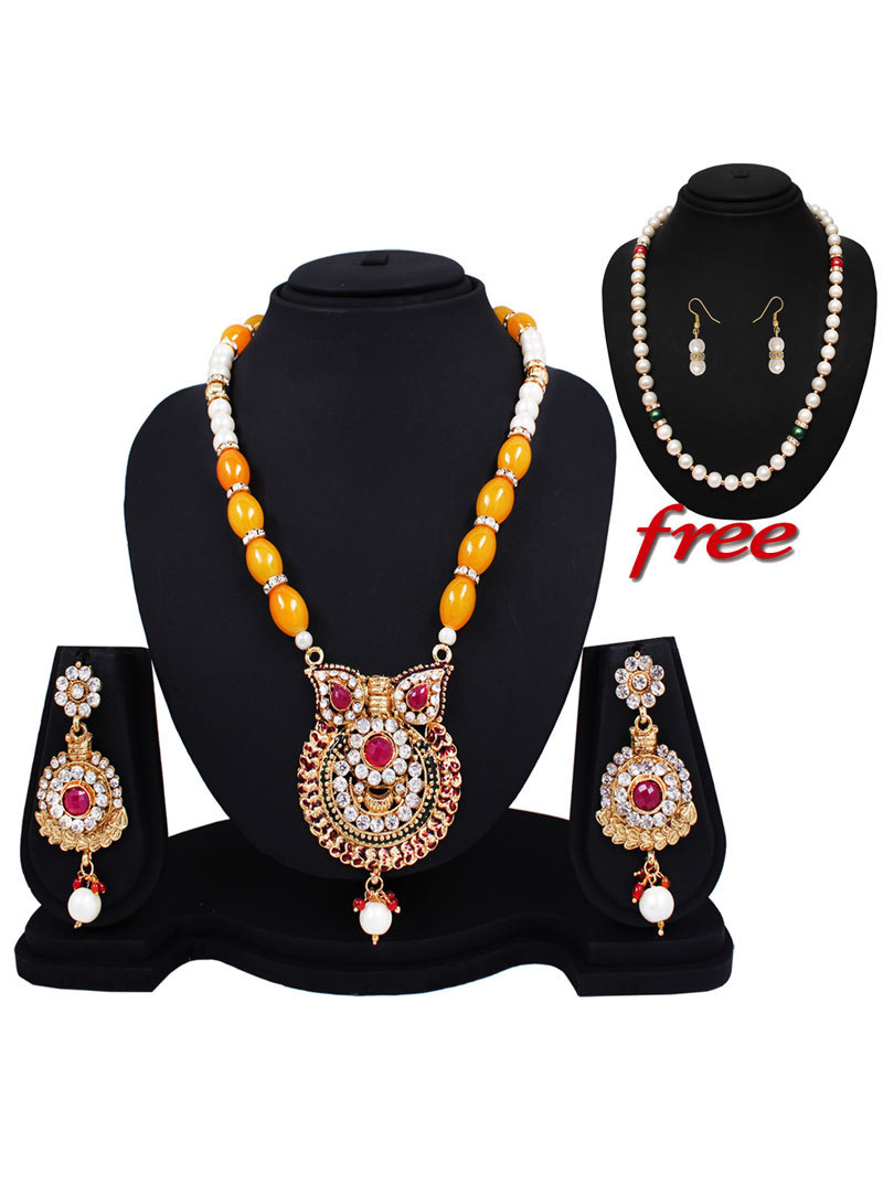 Yellow Alloy Austrian Diamonds Light Set With Free Pearl Mala 89154