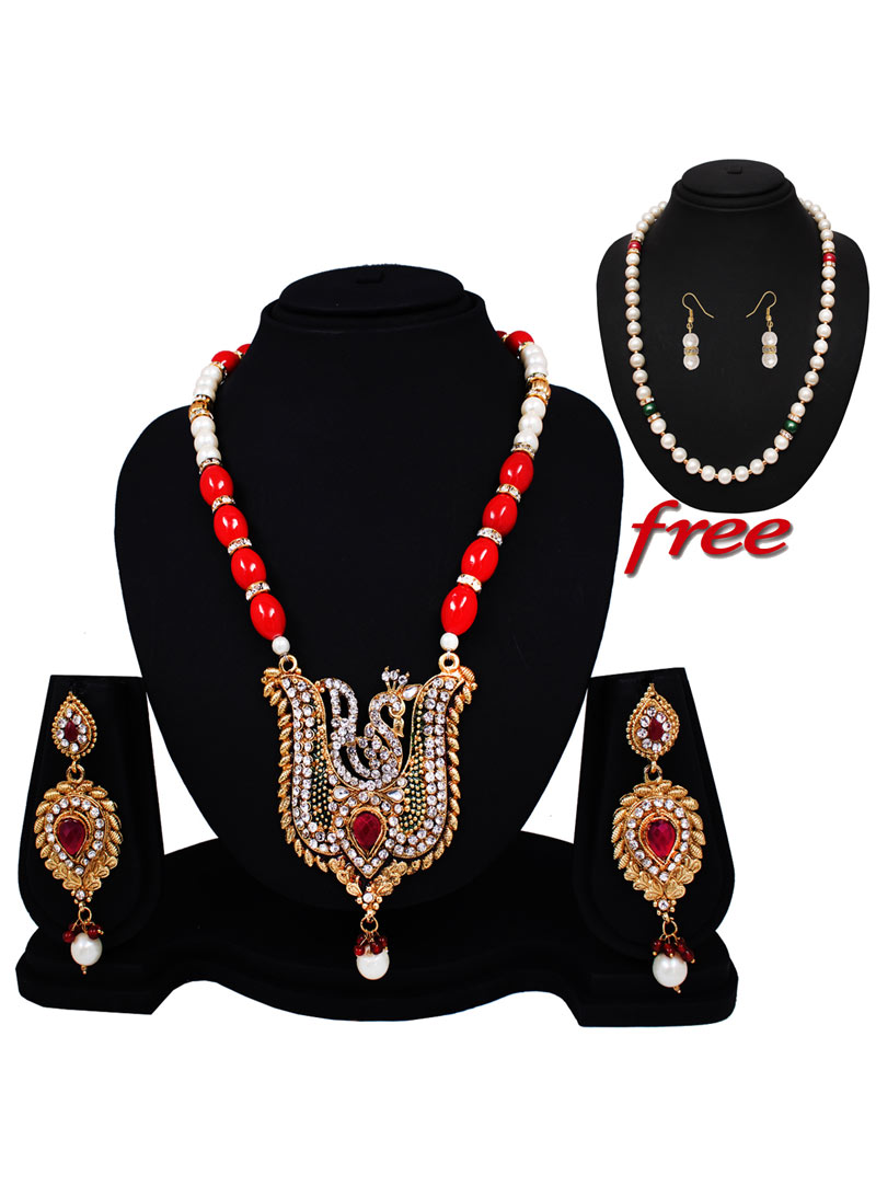 Red Alloy Austrian Diamonds Light Set With Free Pearl Mala 89155