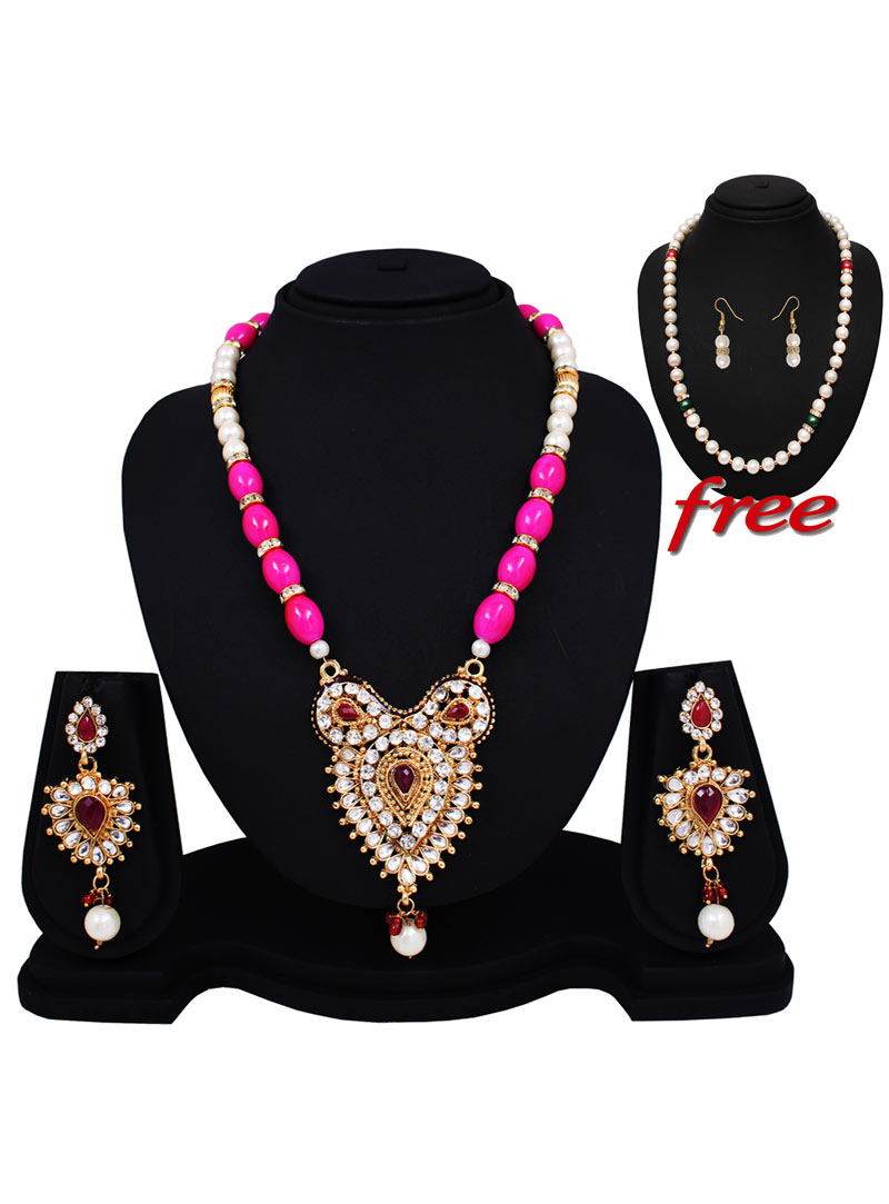 Pink Alloy Austrian Diamonds Light Set With Free Pearl Mala 89157