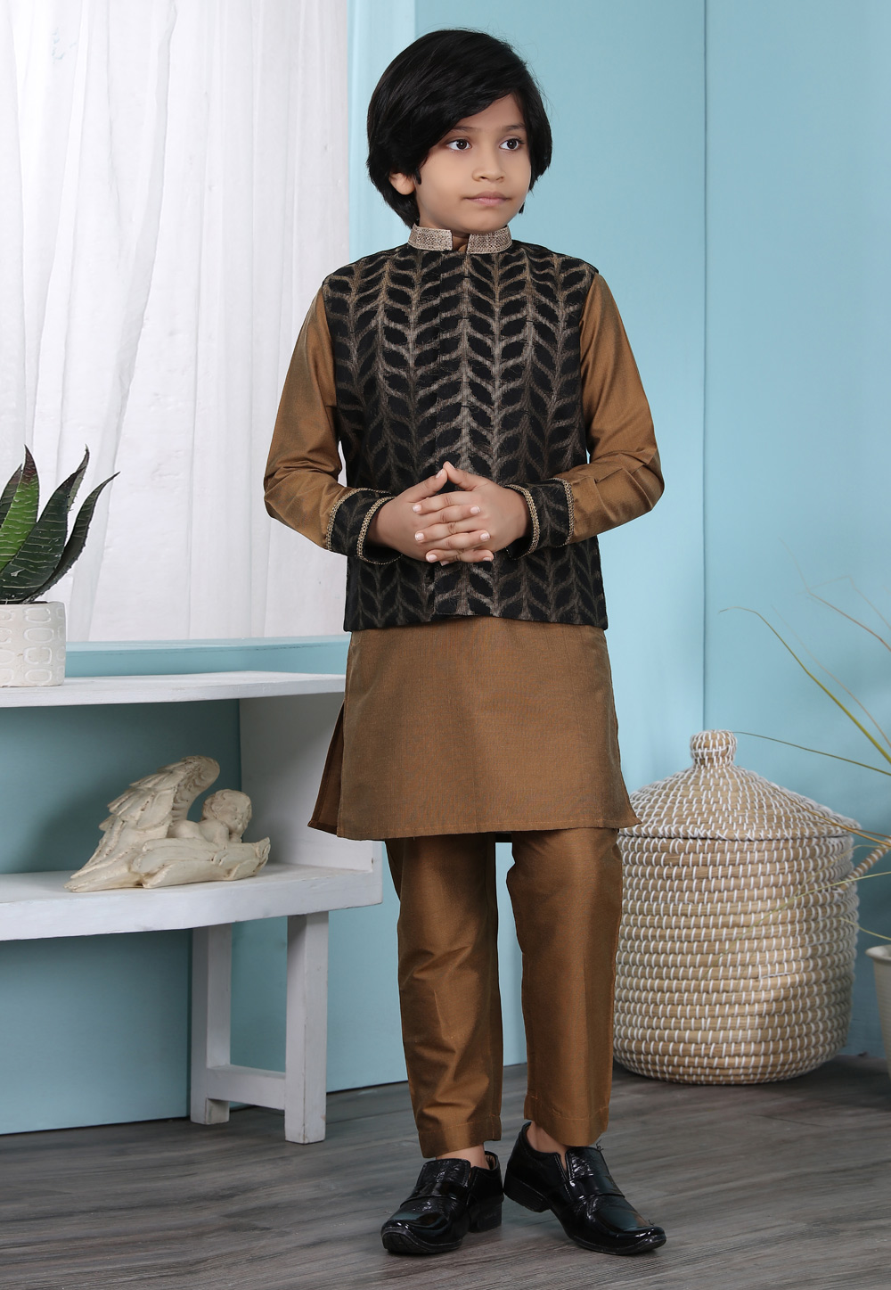 Brown Cotton Silk Kids Kurta Pajama With Jacket 234455