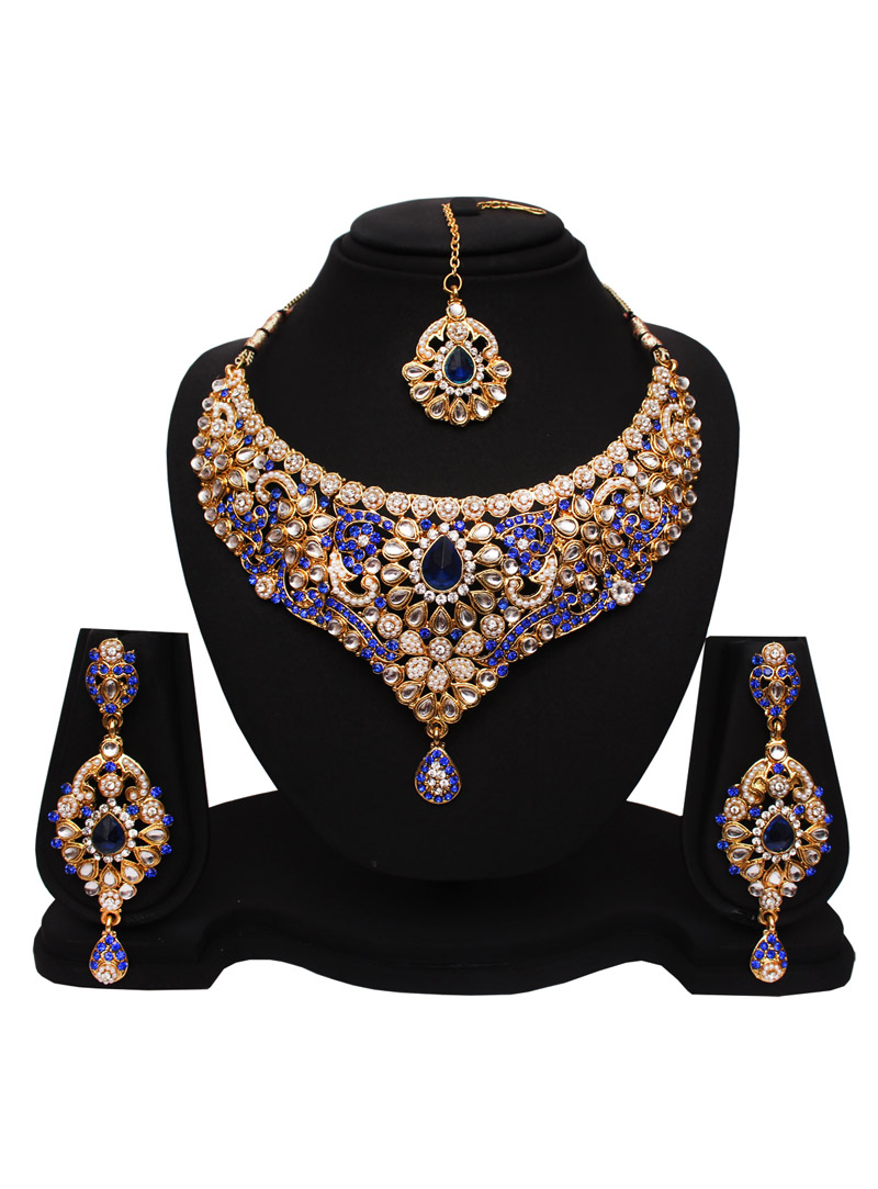 Blue Alloy Austrian Diamonds Necklace With Earrings and Maang Tikka 89169