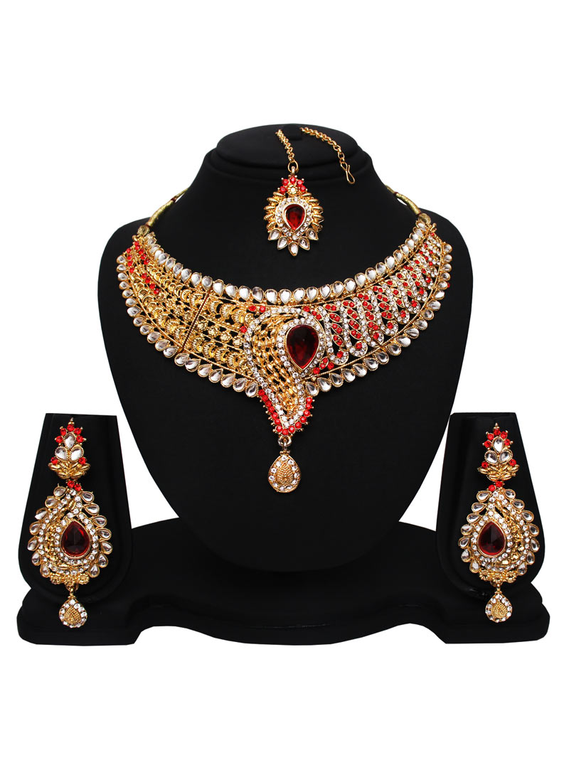 White Alloy Austrian Diamonds Necklace With Earrings and Maang Tikka 89172