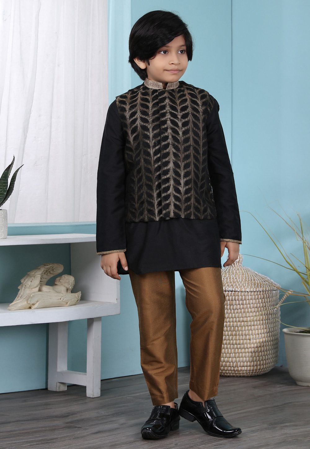 Black Cotton Silk Kids Kurta Pajama With Jacket 234456