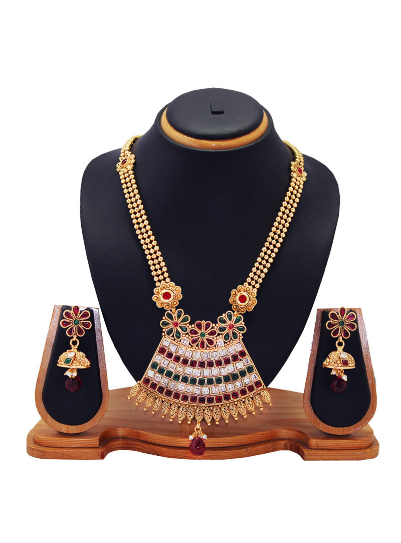 Golden Brass Austrian Diamonds Necklace With Earrings 89194