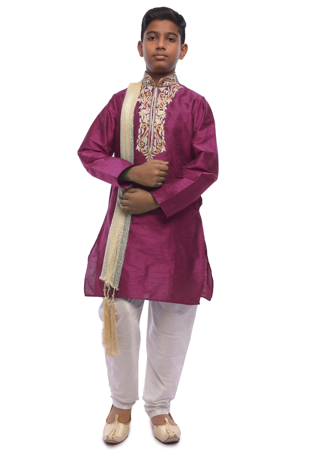 Magenta Dupion Silk Readymade Kurta Pajama 215973