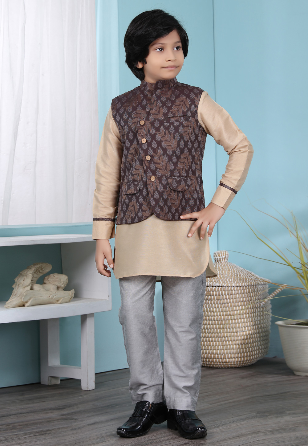 Beige Cotton Silk Kids Kurta Pajama With Jacket 234458