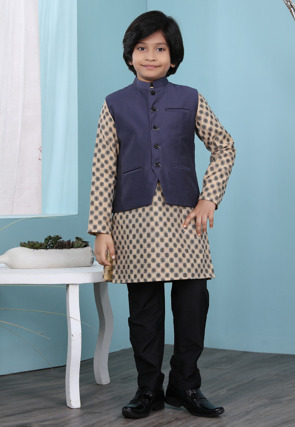 Beige Silk Kids Kurta Pajama With Jacket 234461