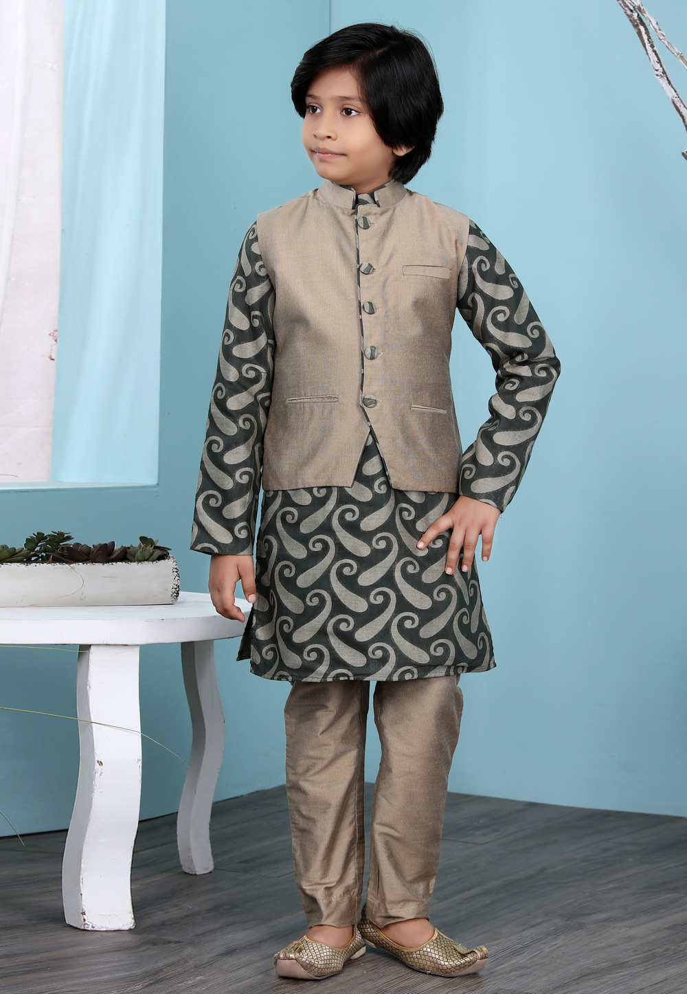 Green Silk Kids Kurta Pajama With Jacket 234464