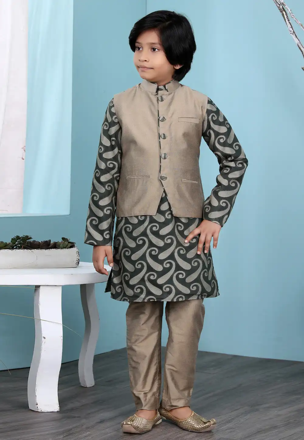 Green Silk Kids Kurta Pajama With Jacket 234464