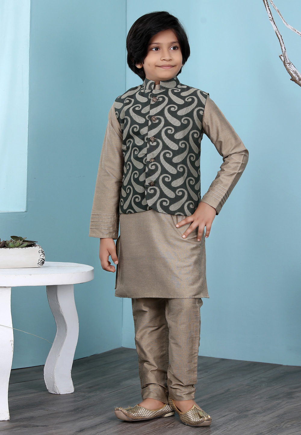 Grey Silk Kids Kurta Pajama With Jacket 234465