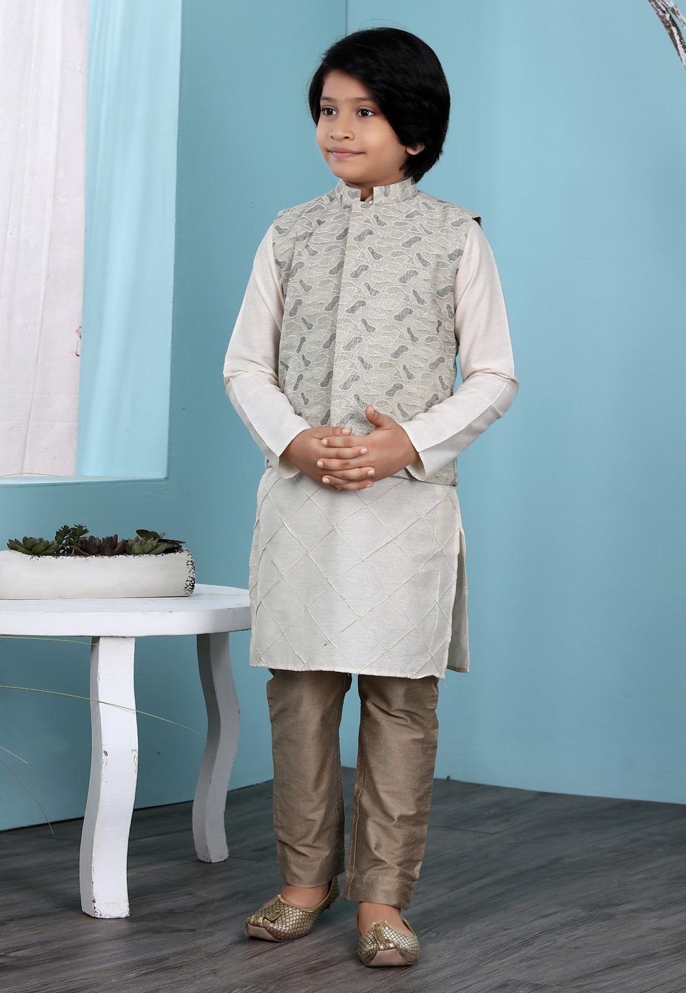 Off White Cotton Silk Kids Kurta Pajama With Jacket 234466