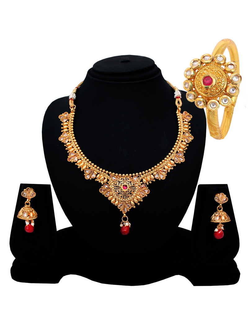 Golden Copper American Diamond Set With Earrings 128518