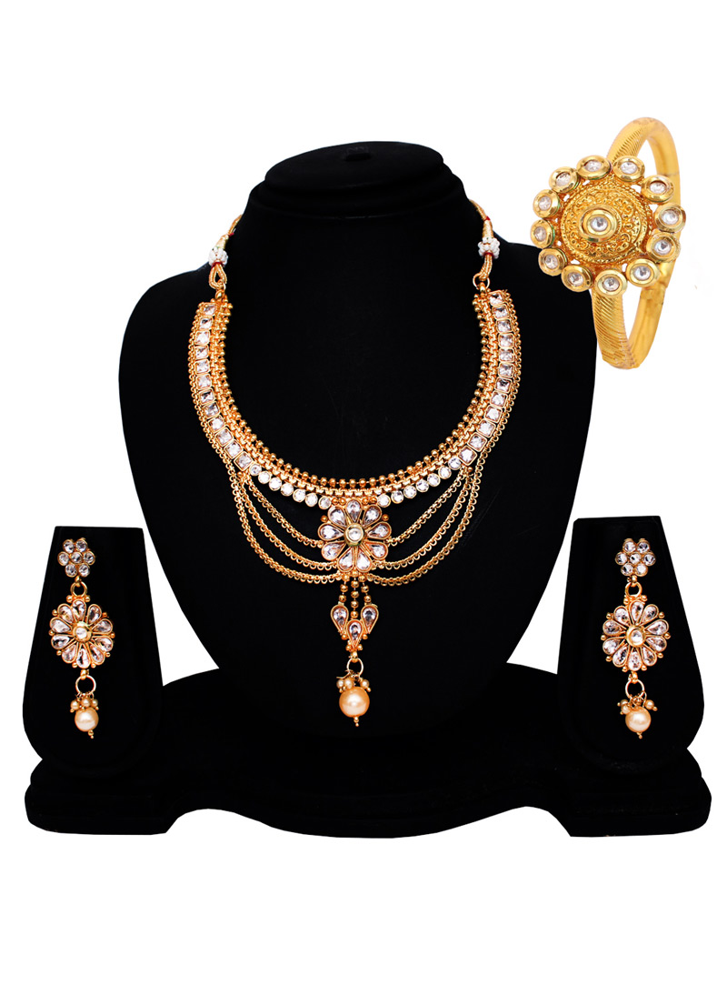 Golden Copper American Diamond Set With Earrings 128525