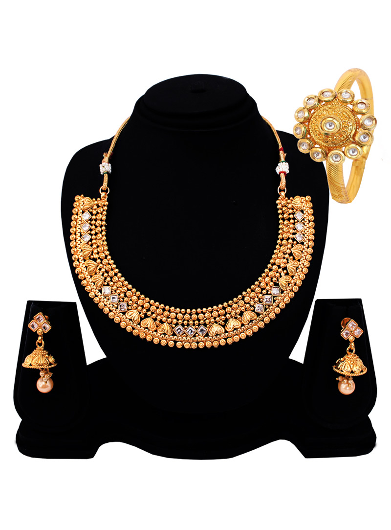 Golden Copper American Diamond Set With Earrings 128529