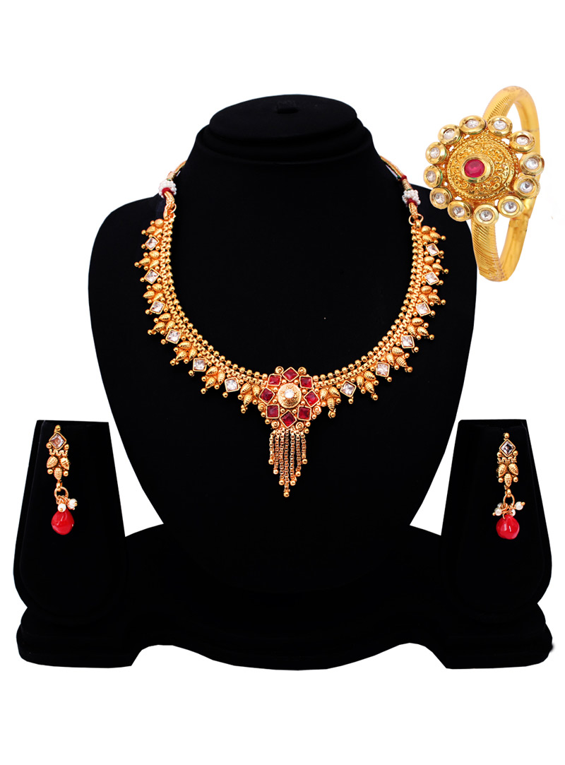 Golden Copper American Diamond Set With Earrings 128531