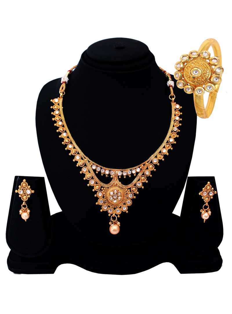 Golden Copper Cubic Zirconia Set With Earrings 128534