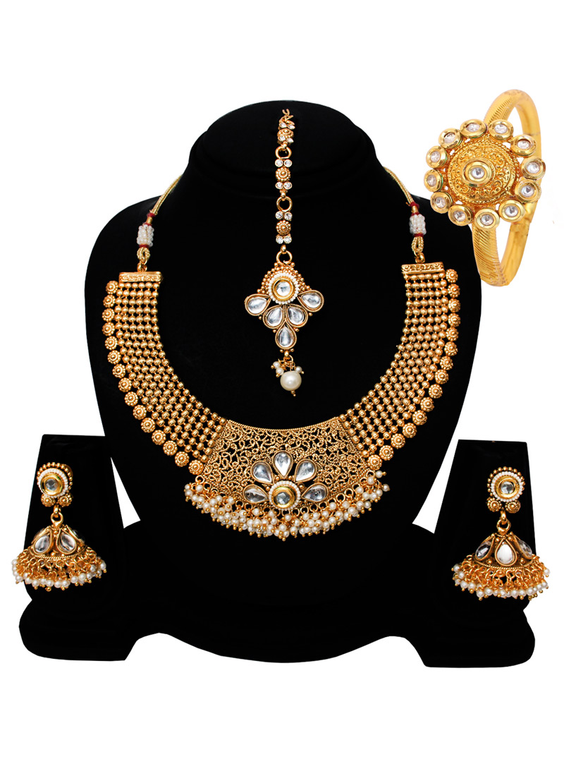 Golden Copper Austrian Diamond Set With Earrings and Maang Tikka 128537
