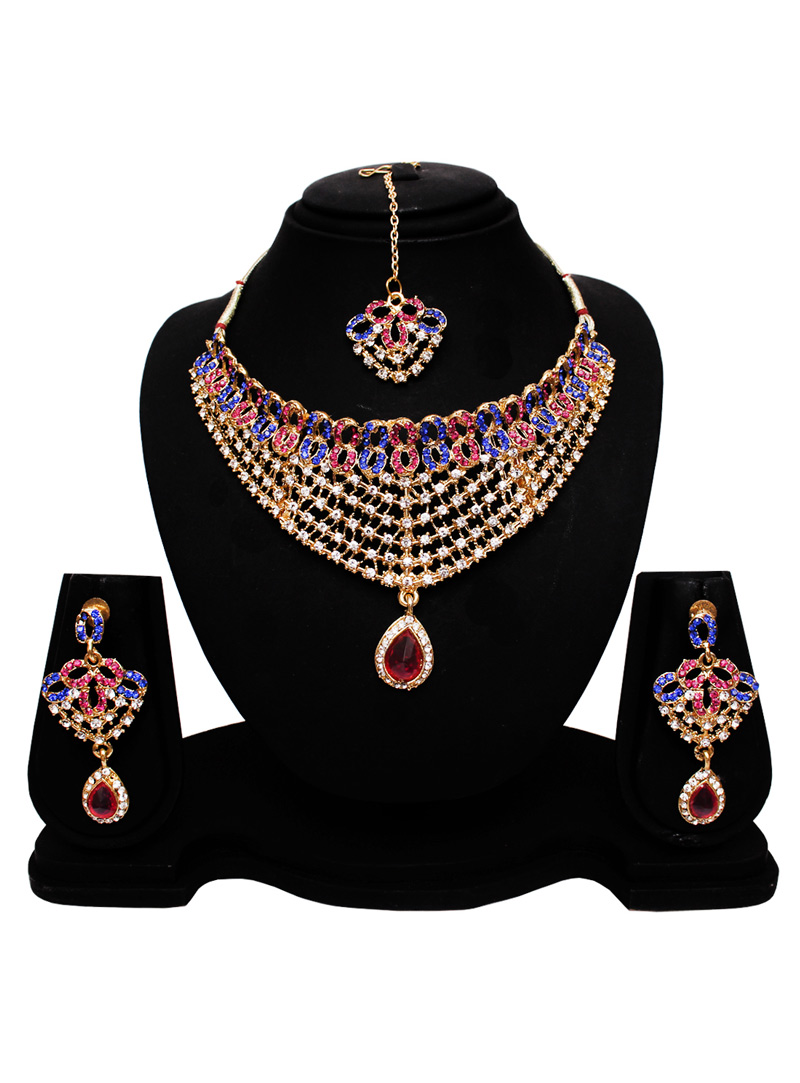 Blue Alloy Austrian Diamond Set With Earrings and Maang Tikka 128563