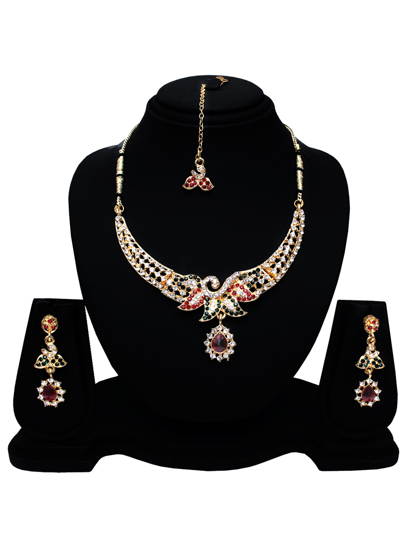 Purple Alloy Austrian Diamond Set With Earrings and Maang Tikka 128574