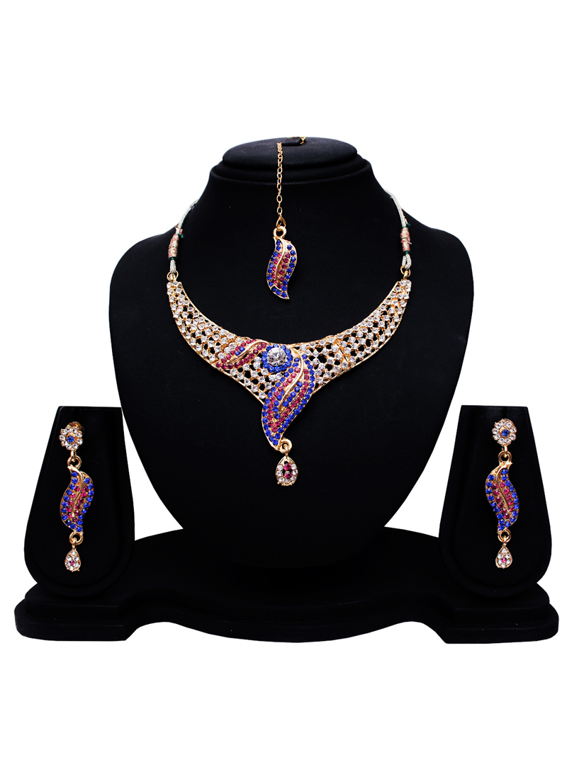 Blue Alloy Austrian Diamond Set With Earrings and Maang Tikka 128588