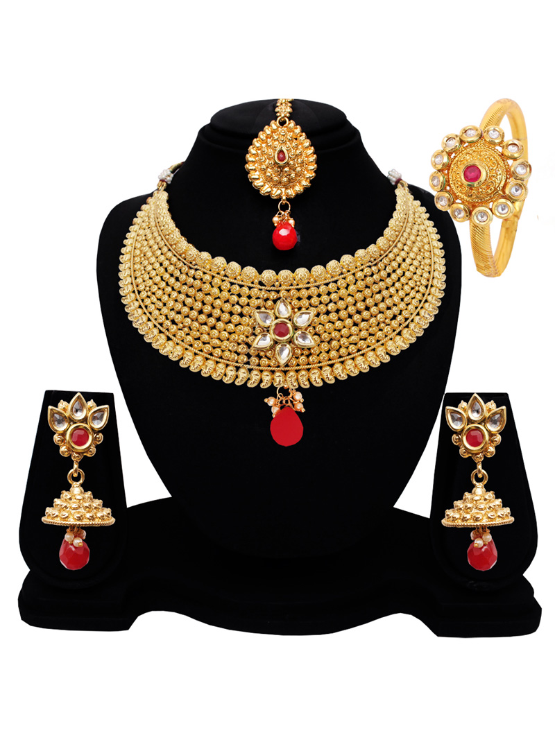 Golden Alloy Austrian Diamond Set With Earrings and Maang Tikka 128600