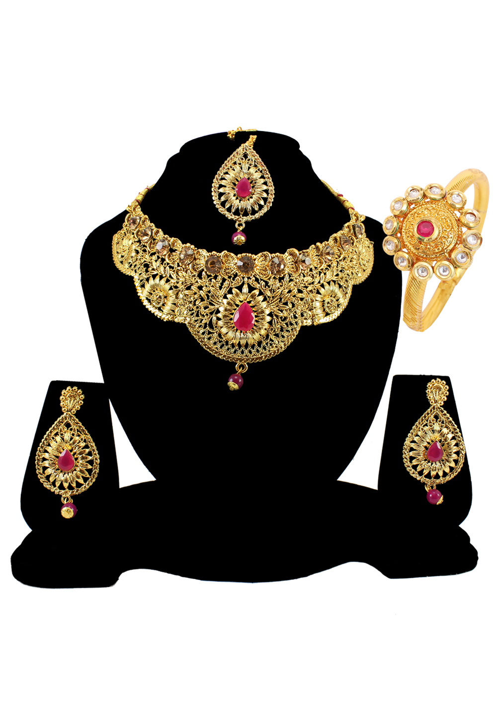 Maroon Alloy Austrian Diamond Heavy Set Earrings and Maang Tikka 177808